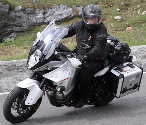 Wayne on his KTM 1290 storming up the Stelvio Pass