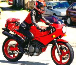 Elaine Barnes on her Red Gilera